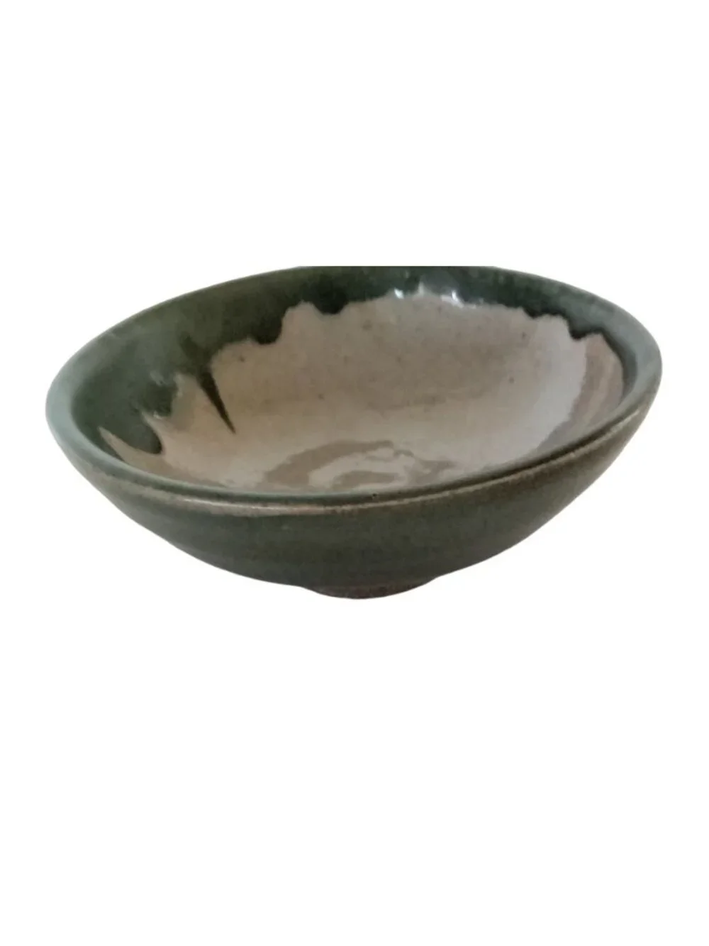 Studio Pottery Rice Bowl Heavy Green Gray Rustic Stoneware Primitive Drip Glaze